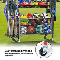 Sports Equipment Organizer Heavy Duty Carbon Steel Ball Storage Rack with 360 Rotating Casters Baskets and 6 Hooks for Garage Sports Gear Toys Storage