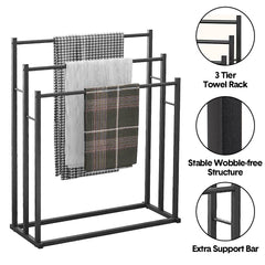 Towel Rack Stand Stylish 3 Tier Metal Sturdy Freestanding Bath Towels Rail Stand Stable Bathroom Quick Drying Holder Matt Black Powder Coated Iron