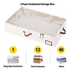 2 Pack Large Under Bed Storage Boxes Dustproof Clothes Storage Bag with Clear Lid/Zipper/Handles For Clothes Blankets Bedding Organizer 85x45x15cm Beige