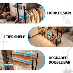 170cm Double Rails Garment Rack Free Standing Clothes Rack with 2-Tier Bottom Shelves and Wheels Metal Coat Stand For Bedroom Hallway Garment Organizer