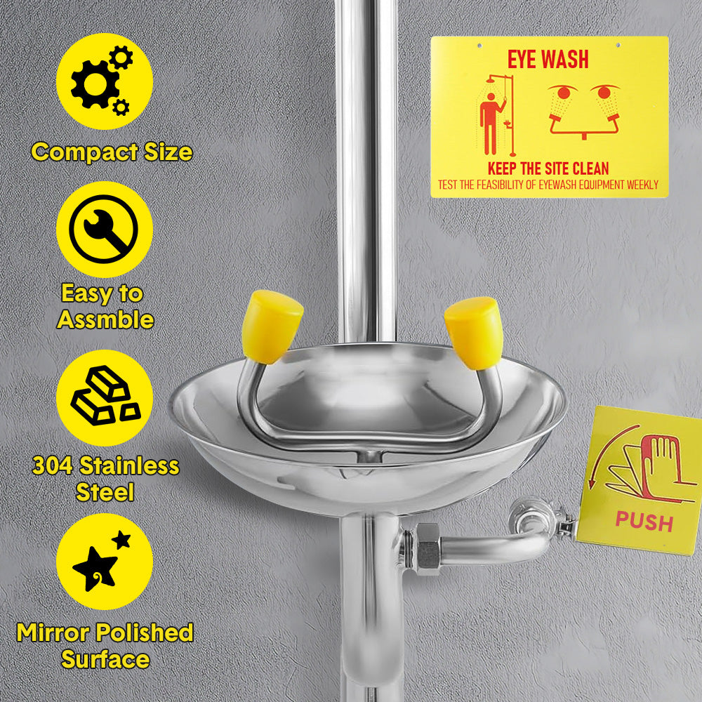 Eye Wash Station Emergency Shower Combination 12 LPM Flow with Pedal Stainless Steel for Mining/Construction | Instant Push Valve Floor Drain Kit