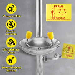 Eye Wash Station Emergency Shower Combination 12 LPM Flow with Pedal Stainless Steel for Mining/Construction | Instant Push Valve Floor Drain Kit