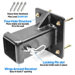 Heavy Duty Bolt on Hitch Receiver Plate Tube Wall Mount 2 Inch Opening Universal Pintle Hitch Extender for Trailer Towing Bike and Cargo Hanging Organiser