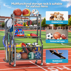Sports Equipment Organizer Heavy Duty Carbon Steel Ball Storage Rack with 360 Rotating Casters Baskets and 6 Hooks for Garage Sports Gear Toys Storage