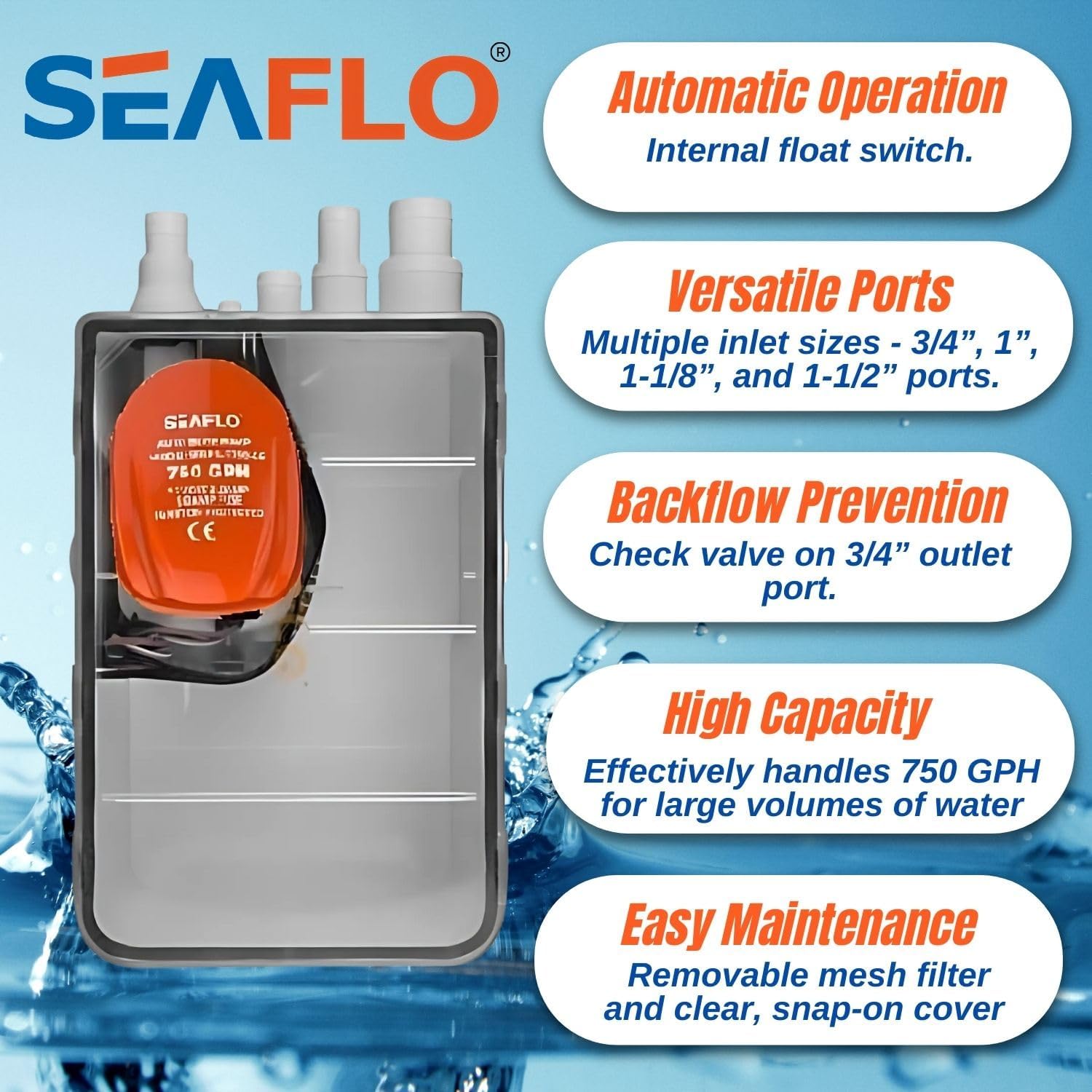 SEAFLO 750GPH Auto Sump Pump Built-In Check Valve | Dual Inlet Ports | Multi-Source Drainage | Float Switch | Shower Sink Drain Kit Marine RV