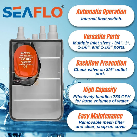 SEAFLO 750GPH Auto Sump Pump Built-In Check Valve | Dual Inlet Ports | Multi-Source Drainage | Float Switch | Shower Sink Drain Kit Marine RV