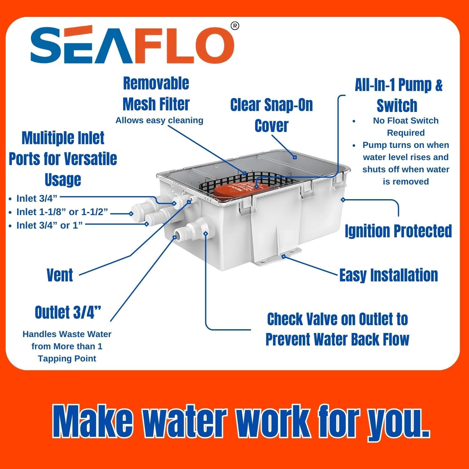 SEAFLO 750GPH Auto Sump Pump Built-In Check Valve | Dual Inlet Ports | Multi-Source Drainage | Float Switch | Shower Sink Drain Kit Marine RV