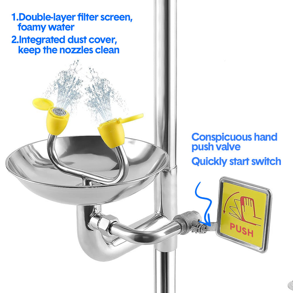 Eye Wash Station Emergency Shower Combination 12 LPM Flow with Pedal Stainless Steel for Mining/Construction | Instant Push Valve Floor Drain Kit
