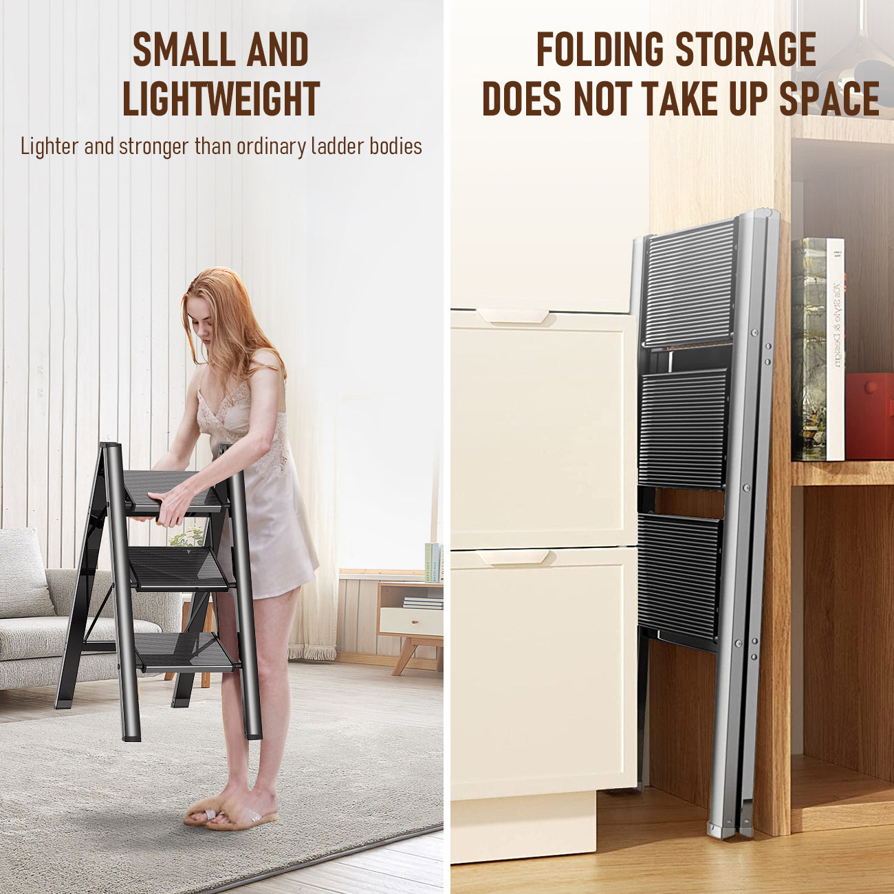 3 Step Folding Ladder Lightweight Aluminum Step Stools for Adults Portable Stepladder Holds up to 150KG, for Household and Office Home Kitchen