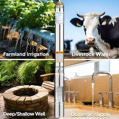 2HP 1500W Submersible Bore Pump 240V Deep Well Water Pump Borehole Water Pump Stainless Steel Max Head 135m for Industrial Irrigation Livestock Home Usec