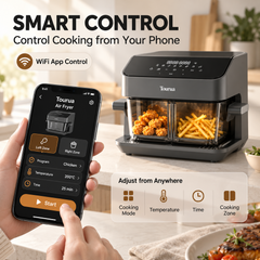 Tourua 8L Dual Zone Glass Air Fryer with WiFi Smart Control 8 Presets Removable Divider 2200W Digital Touch Air Fryer for Family Cooking