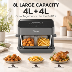 Tourua 8L Dual Zone Glass Air Fryer with WiFi Smart Control 8 Presets Removable Divider 2200W Digital Touch Air Fryer for Family Cooking