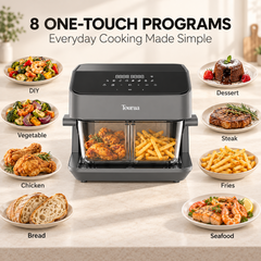 Tourua 8L Dual Zone Glass Air Fryer with WiFi Smart Control 8 Presets Removable Divider 2200W Digital Touch Air Fryer for Family Cooking