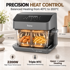 Tourua 8L Dual Zone Glass Air Fryer with WiFi Smart Control 8 Presets Removable Divider 2200W Digital Touch Air Fryer for Family Cooking