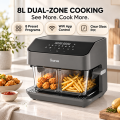 Tourua 8L Dual Zone Glass Air Fryer with WiFi Smart Control 8 Presets Removable Divider 2200W Digital Touch Air Fryer for Family Cooking