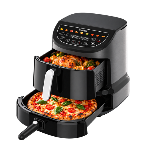 Tourua 8.5L Dual Zone Air Fryer with 12-Inch Pizza Tray 2-in-1 Digital Air Fryer Pizza Maker 10 Presets Smart Finish Viewing Window 2100W