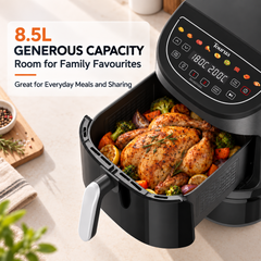 Tourua 8.5L Dual Zone Air Fryer with 12-Inch Pizza Tray 2-in-1 Digital Air Fryer Pizza Maker 10 Presets Smart Finish Viewing Window 2100W