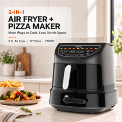 Tourua 8.5L Dual Zone Air Fryer with 12-Inch Pizza Tray 2-in-1 Digital Air Fryer Pizza Maker 10 Presets Smart Finish Viewing Window 2100W