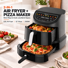 Tourua 8.5L Dual Zone Air Fryer with 12-Inch Pizza Tray 2-in-1 Digital Air Fryer Pizza Maker 10 Presets Smart Finish Viewing Window 2100W