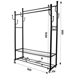 170cm Double Rails Garment Rack Free Standing Clothes Rack with 2-Tier Bottom Shelves and Wheels Metal Coat Stand For Bedroom Hallway Garment Organizer
