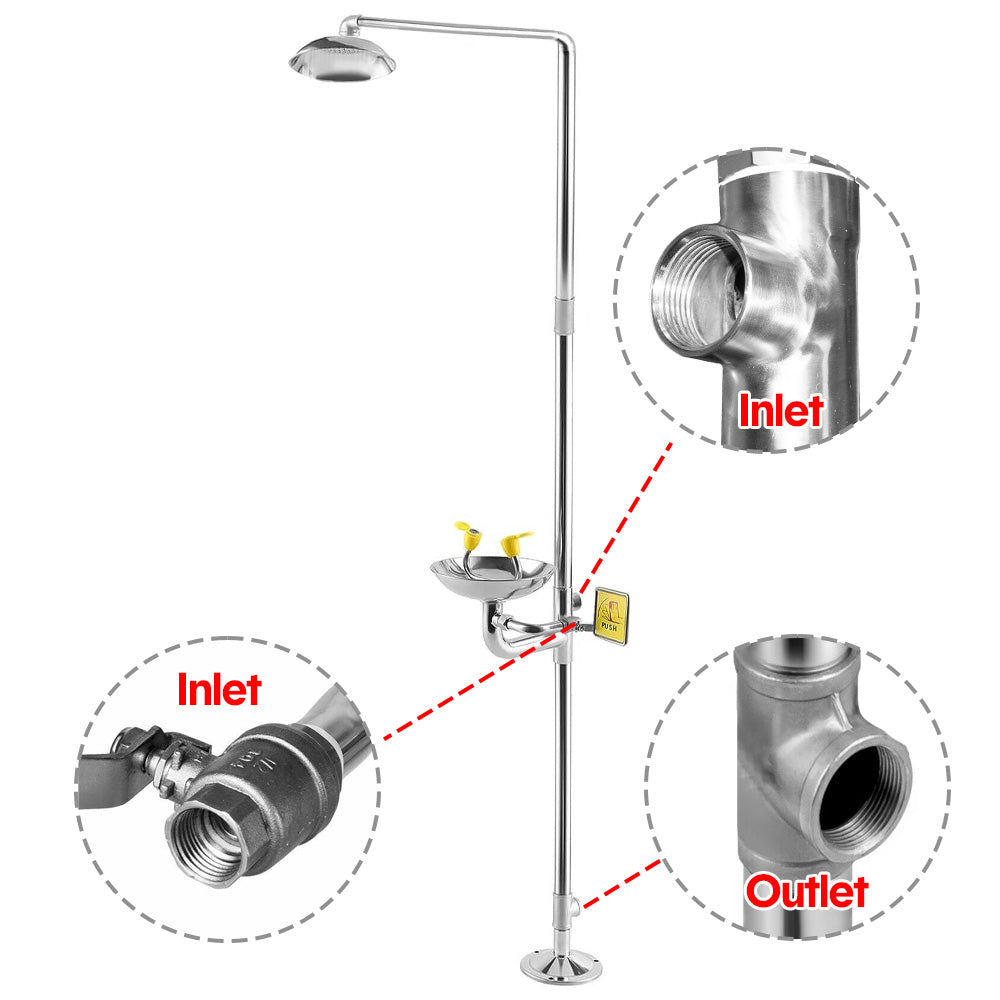 Eye Wash Station Emergency Shower Combination 12 LPM Flow with Pedal Stainless Steel for Mining/Construction | Instant Push Valve Floor Drain Kit