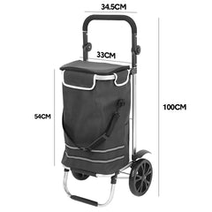 Foldable Shopping Trolley Cart Multifunctional Large Capacity Hand Carry Bag Aluminium Frame with Removable Zipped Bag Side Pockets and Wheels Black