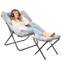 Foldable Saucer Chair Recliner Lazy Chair Metal Frame with 10cm Soft Cushion and Footrest Ottoman for Bedroom Living Room Lounge Chair Loading Up to 125kg