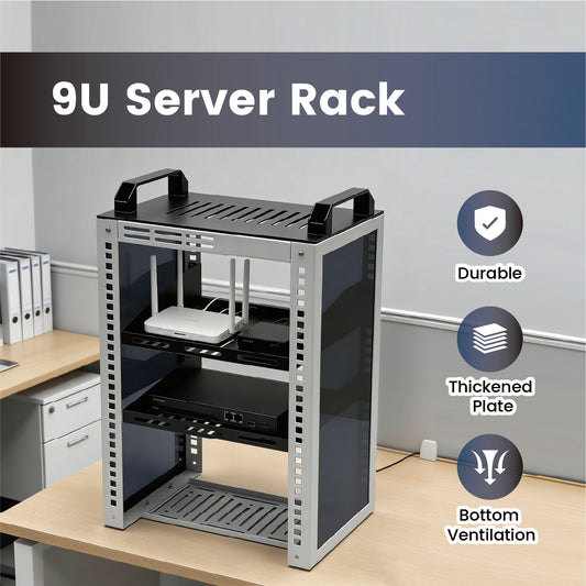 9U Server Rack Deep Open Frame Desktop Network Rack for 10 inch Audio Video Devices and IT Equipment with 2 Side Translucent Panels and 2 Top Handles White