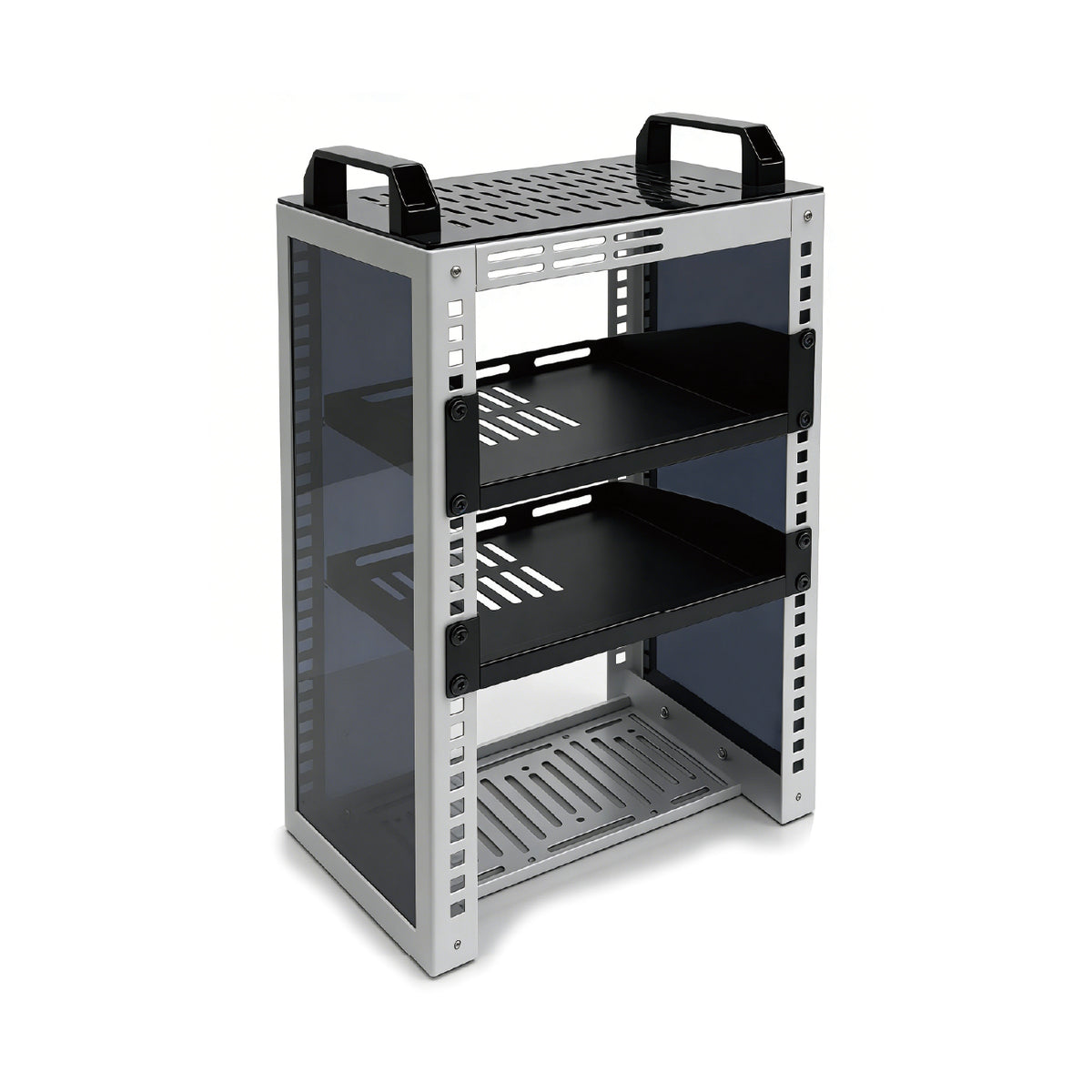 9U Server Rack Deep Open Frame Desktop Network Rack for 10 inch Audio Video Devices and IT Equipment with 2 Side Translucent Panels and 2 Top Handles White