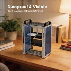 9U Server Rack Deep Open Frame Desktop Network Rack for 10 inch Audio Video Devices and IT Equipment with 2 Side Translucent Panels and 2 Top Handles White