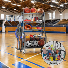 Sports Equipment Organizer Heavy Duty Carbon Steel Ball Storage Rack with 360 Rotating Casters Baskets and 6 Hooks for Garage Sports Gear Toys Storage