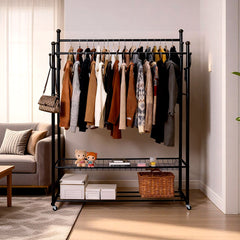 170cm Double Rails Garment Rack Free Standing Clothes Rack with 2-Tier Bottom Shelves and Wheels Metal Coat Stand For Bedroom Hallway Garment Organizer