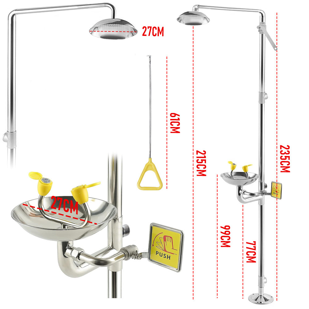 Eye Wash Station Emergency Shower Combination 12 LPM Flow with Pedal Stainless Steel for Mining/Construction | Instant Push Valve Floor Drain Kit