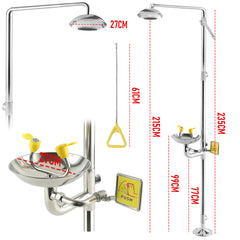 Eye Wash Station Emergency Shower Combination 12 LPM Flow with Pedal Stainless Steel for Mining/Construction | Instant Push Valve Floor Drain Kit