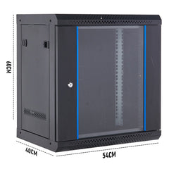 12U Cabinet Server Network Data Rack Wall Mount LAN Rack IT Equipment 20kg Max with Lockable Glass Door and Removable Side Panels 400mm Deep Overall 0.6mm