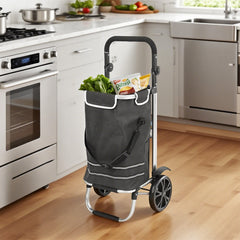 Foldable Shopping Trolley Cart Multifunctional Large Capacity Hand Carry Bag Aluminium Frame with Removable Zipped Bag Side Pockets and Wheels Black