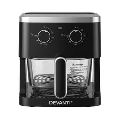 Devanti 4.5L Glass Air Fryer Kitchen Oven Knob Control 1350W Healthy Cooker Black
