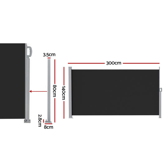 Instahut 1.4X3M Side Awning Retractable Privacy Screen Outdoor Sun Shade Black