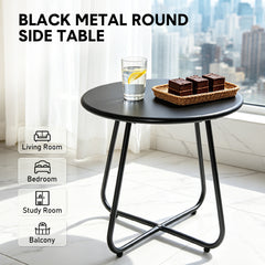 45cm Round Side Table Powder Coated Steel Coffee Table Rust-proof Nightstand with Protective Adjustable Feet for Living Room Bedroom Balcony Patio Black