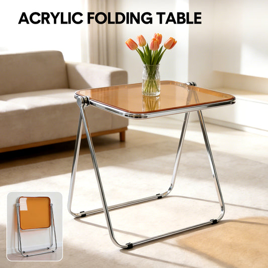 Transparent Acrylic Folding Table Clear Heat-resistant Tabletop Metal Frame with Anti-Slip Foot Pad Modern Portable Home Office Camping Desk 70x45x68cm