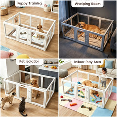 10 Panel Indoor Pet Playpen Indoor Puppy Exercise Pen with Door Transparent Panels Suction Cups for Small Dogs Rabbits and Pets White 150cm 100cm 60cm
