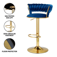 Artiss Bar Stools X3 Kitchen Counter Chair Gas Lift Velvet Woven Backrest Navy