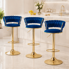 Artiss Bar Stools X3 Kitchen Counter Chair Gas Lift Velvet Woven Backrest Navy