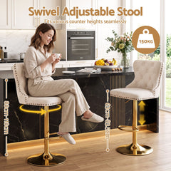 Artiss 2x Bar Stools Counter Chair Kitchen Adjustable Nailhead Trim Velvet Ivory