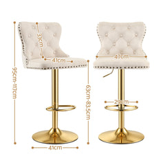 Artiss 3x Bar Stools Counter Chair Kitchen Adjustable Nailhead Trim Velvet Ivory