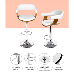 Artiss 2x Bar Stools Gas Lift Leather w/Armrest White
