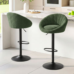 Artiss 2x Bar Stools Kitchen Chairs Gas Lift Adjustable Round Shell Boucle Green