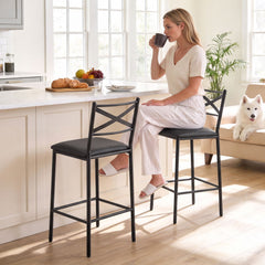 Artiss Bar Stools Set of 2 Counter 66cm Height Stools with Backrest, PU Cushioned Seat, Black