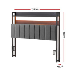 Artiss Double Headboard Charging Station Storage LED Light Grey Upholstered