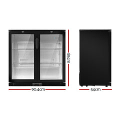 Devanti 198L Bar Fridge Dual Glass Door w/Light Black